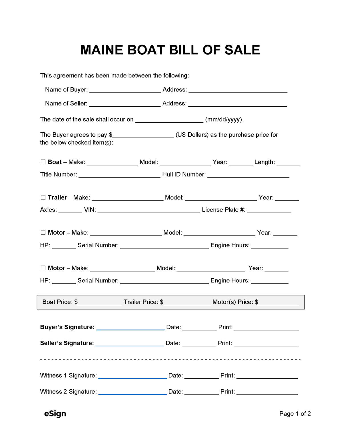 Free Maine Boat Bill of Sale Form PDF Word