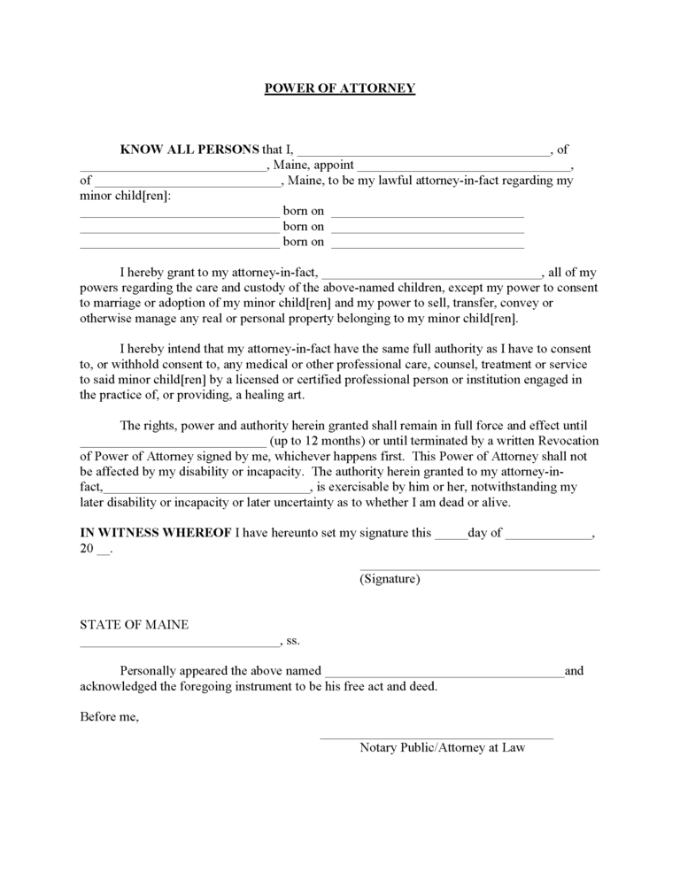 Free Maine Minor (Child) Power of Attorney Form | PDF