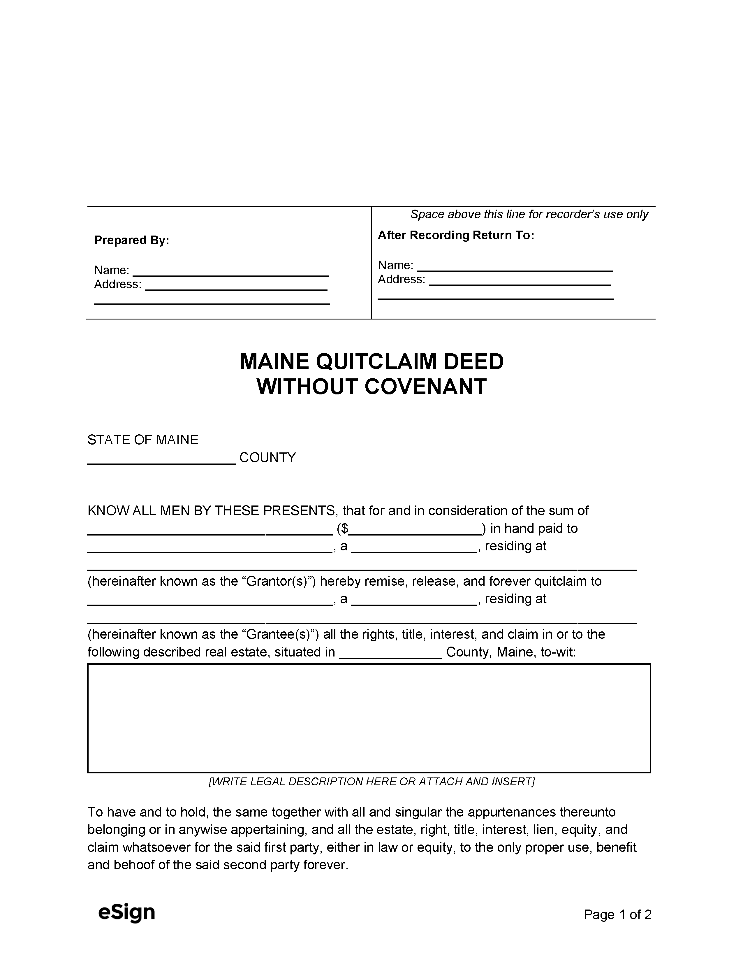 Free Maine Quitclaim Deed Without Covenant Pdf Word 