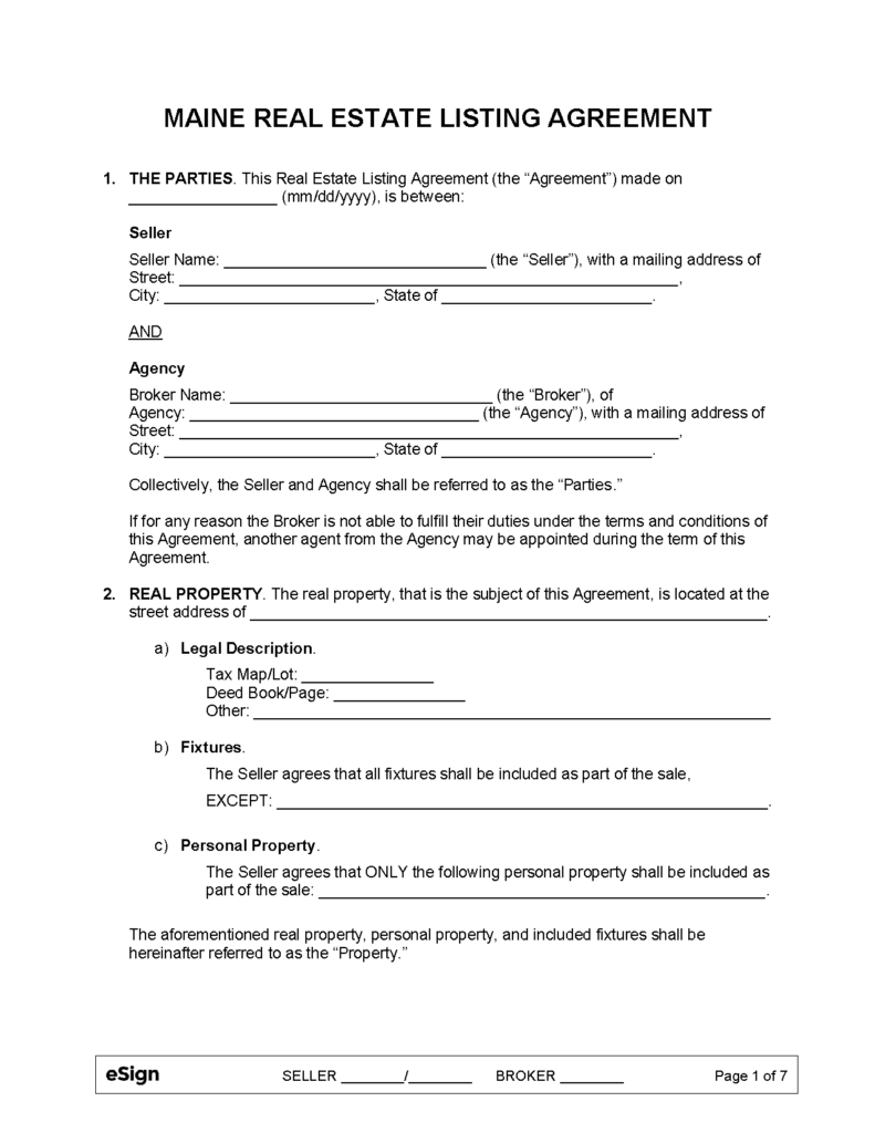 Free Maine Real Estate Listing Agreement PDF Word
