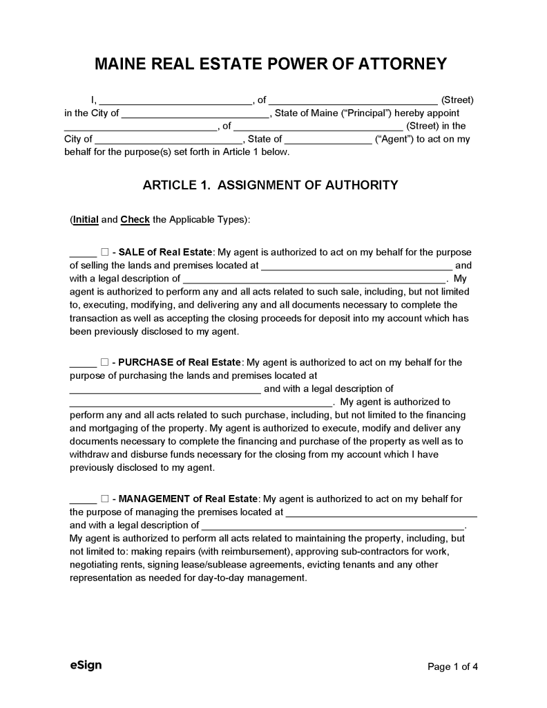 Free Maine Real Estate Power of Attorney Form - PDF | Word