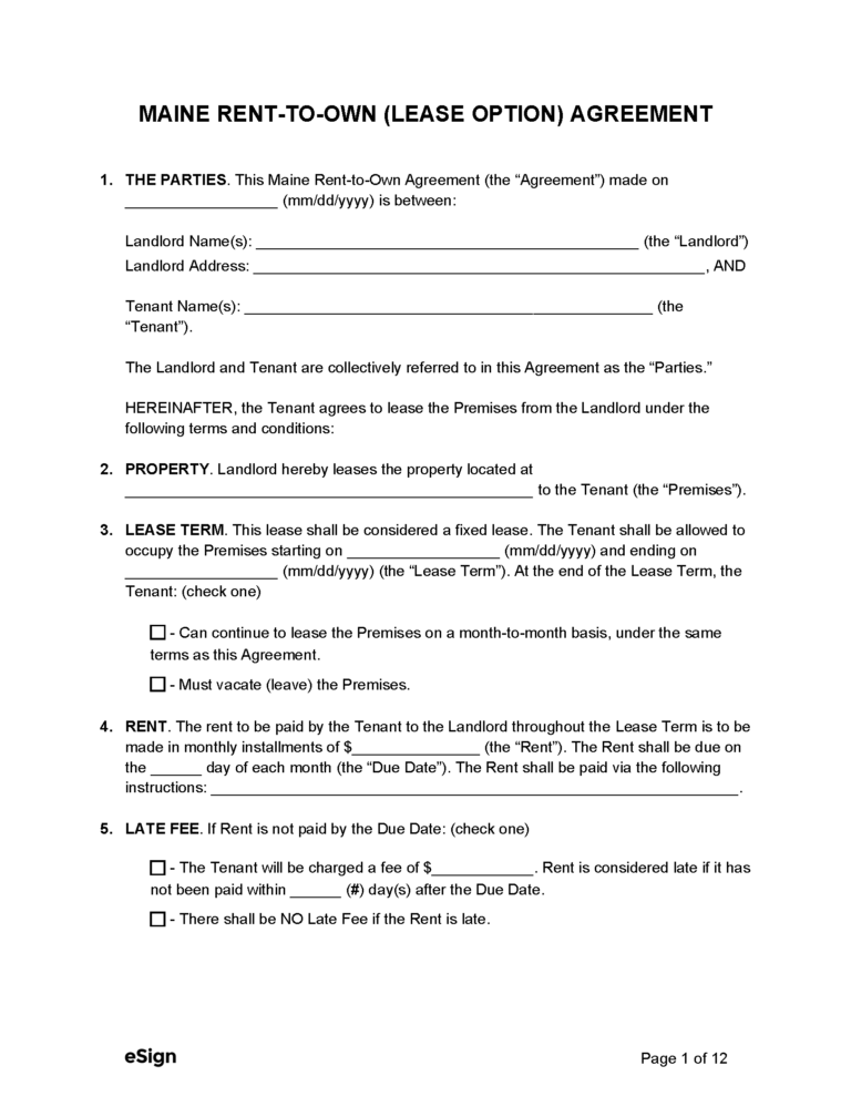 Free Maine RenttoOwn (Lease Option) Agreement PDF