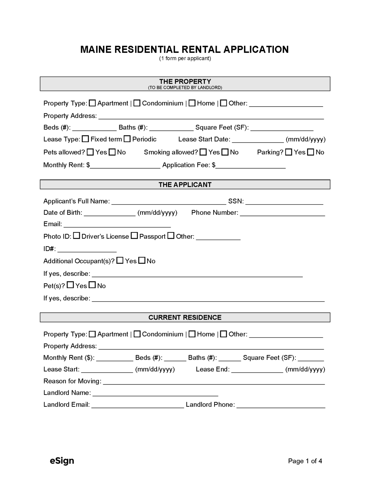 Free Maine Rental Application Form PDF Word