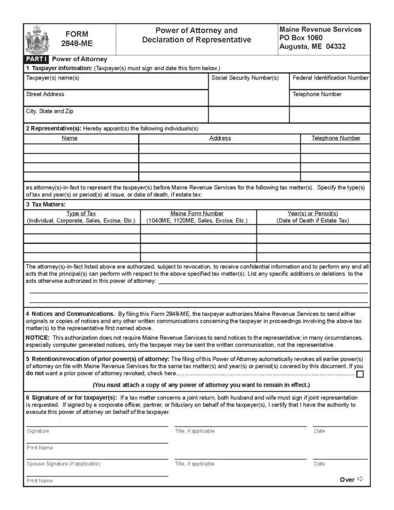 Free Maine Tax Power of Attorney (Form 2848ME) PDF