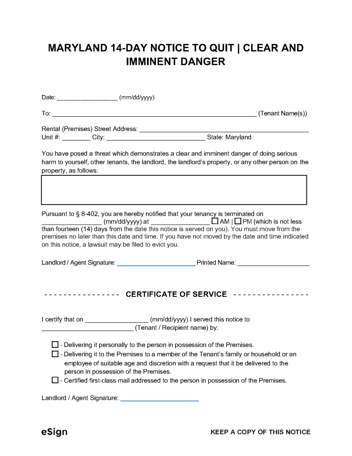 Free Maryland 14Day Notice to Quit Clear and Imminent Danger PDF