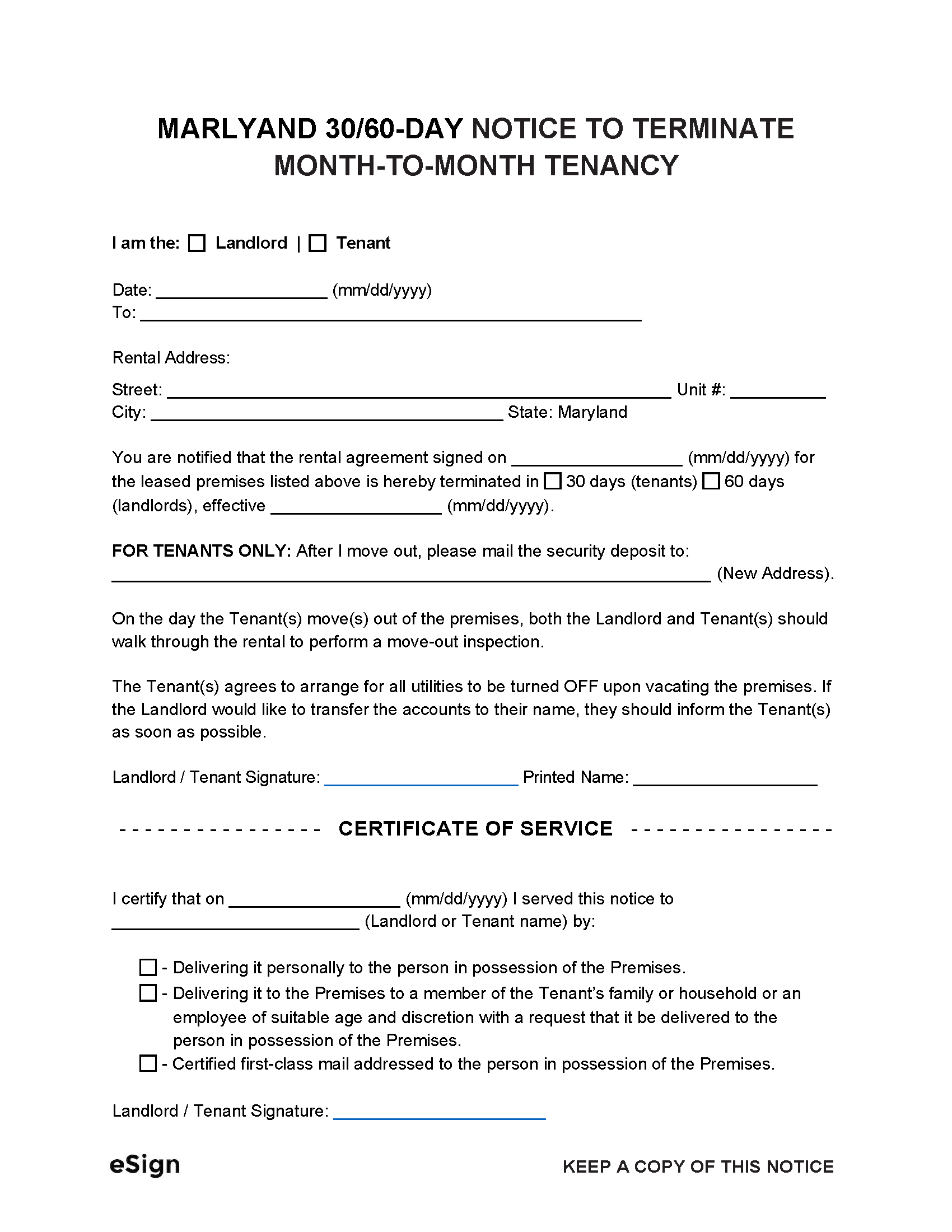 Free Maryland 30 60 Day Notice To Quit Lease Termination Letter PDF 