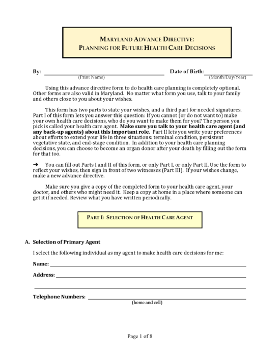 Free Maryland Advance Directive Form PDF