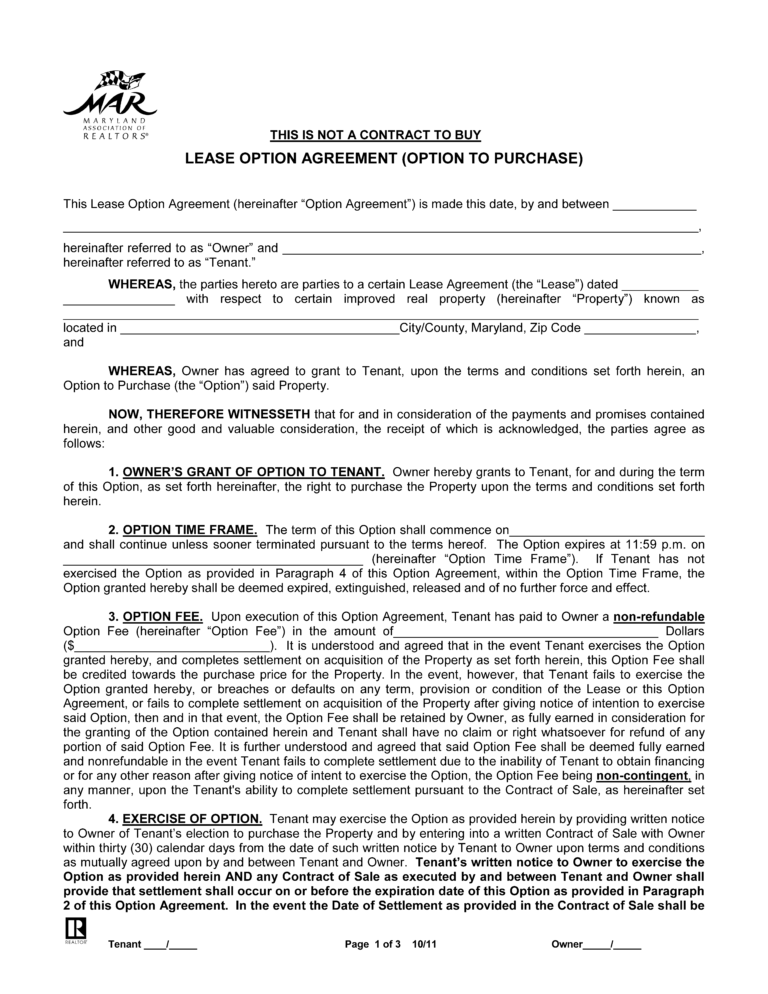 Free Maryland RenttoOwn (Lease Option) Agreement PDF Word