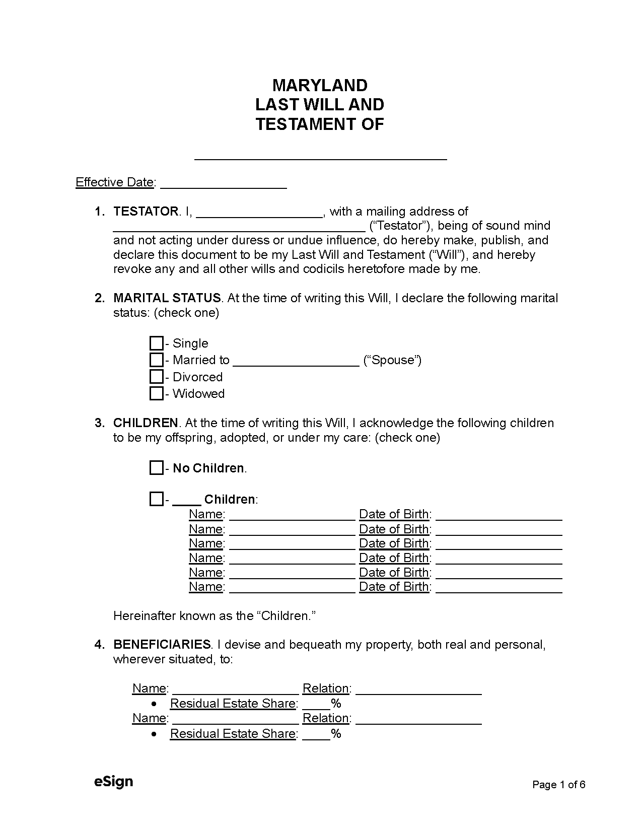 Free Maryland Last Will And Testament PDF Word