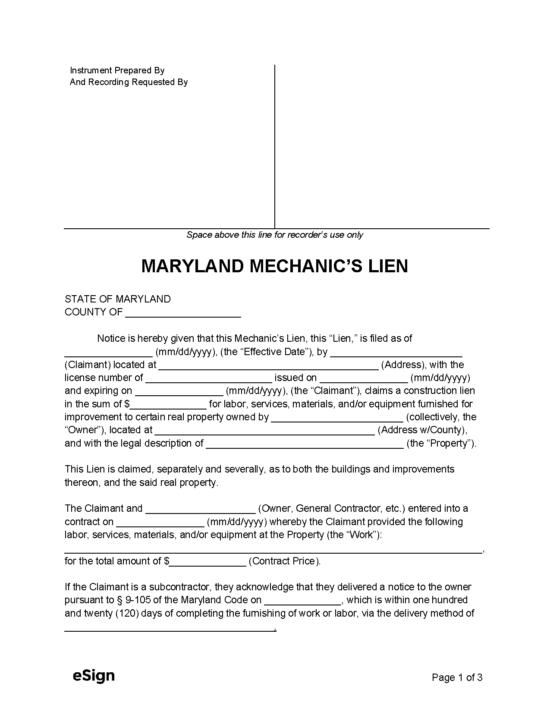 Free Maryland Mechanic’s Lien Form PDF Word