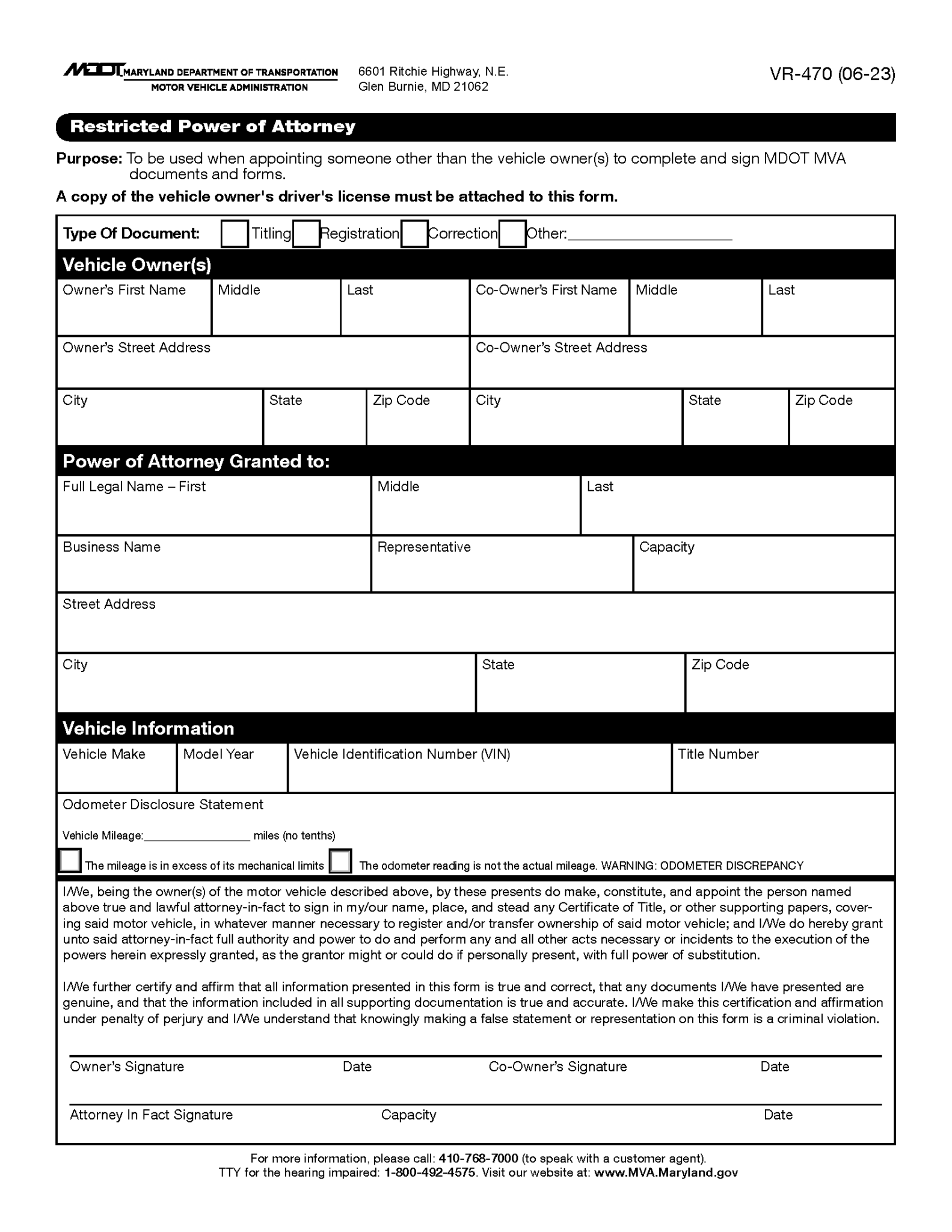 Free Maryland Motor Vehicle Power Of Attorney (form Vr-470) 