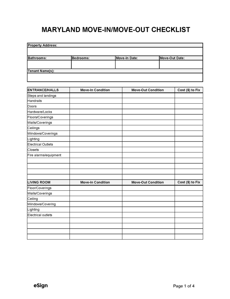Free Maryland Move in Move out Checklist PDF Word
