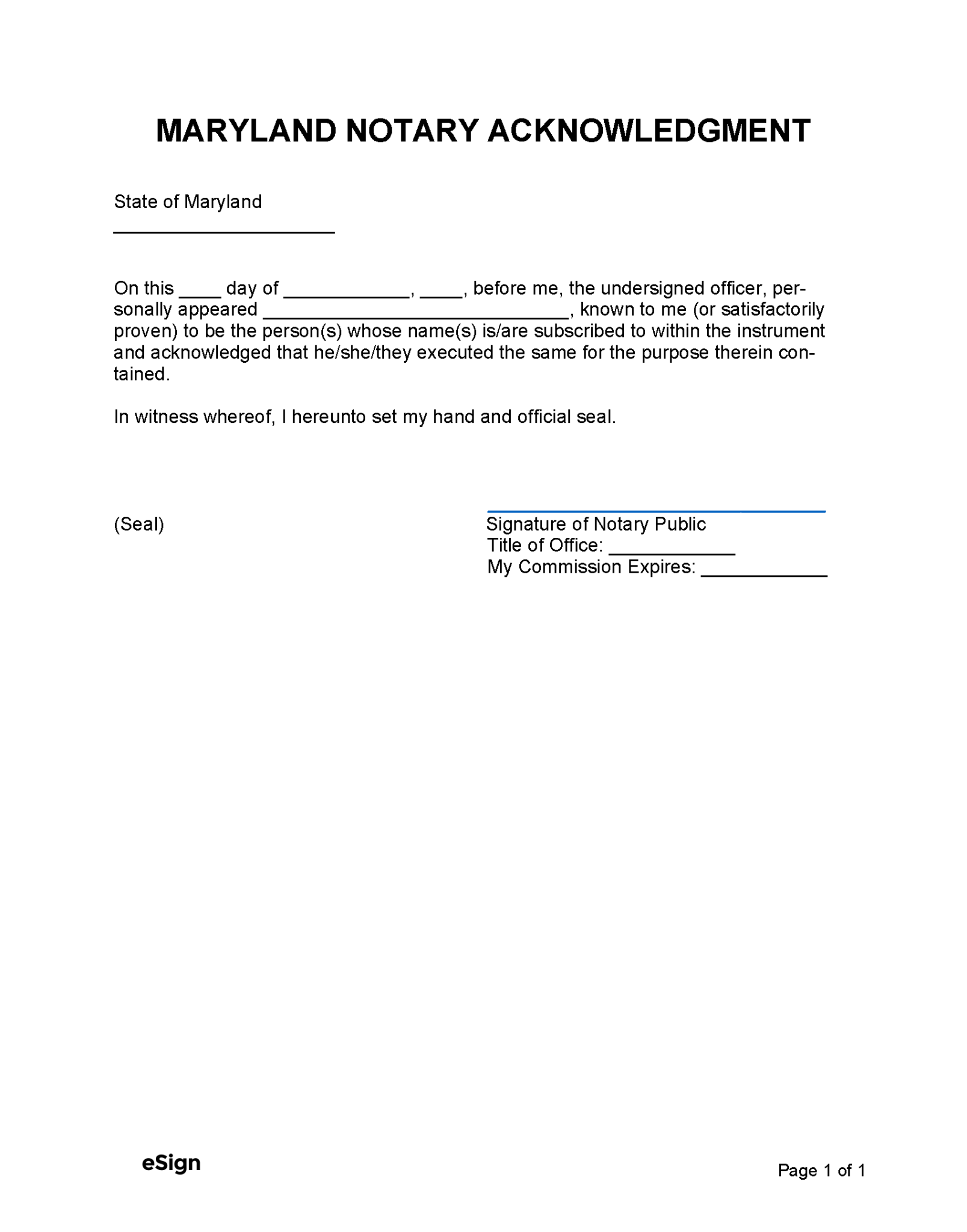 Free Maryland Notary Acknowledgment Form | PDF | Word