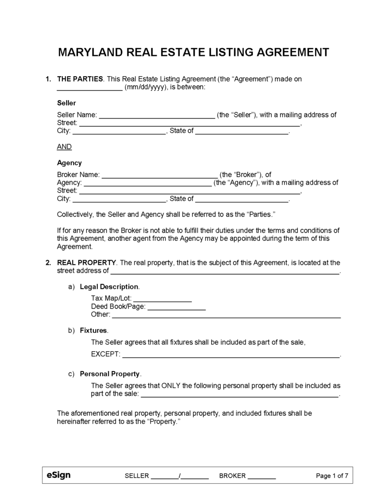 Free Maryland Real Estate Listing Agreement PDF Word