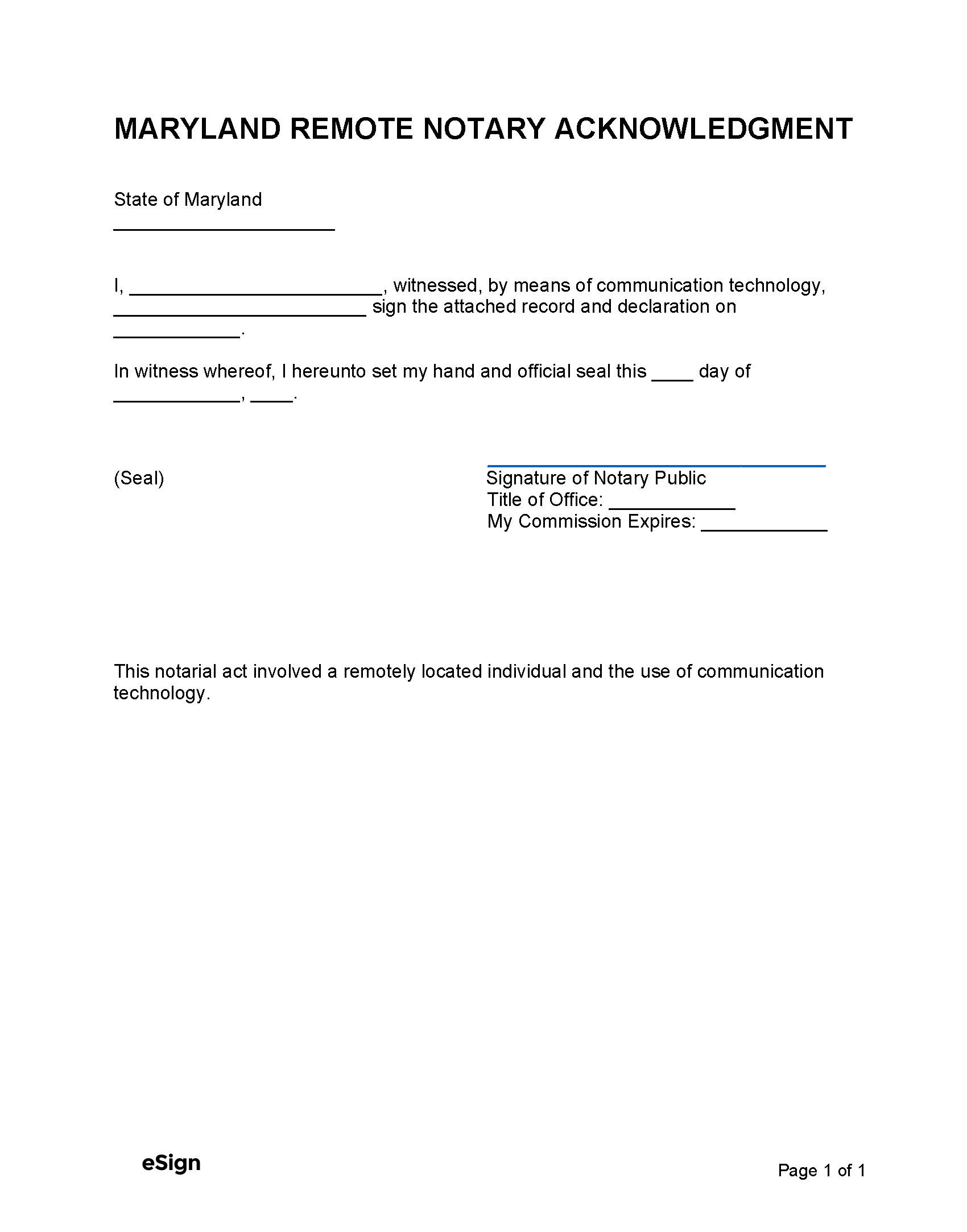 Free Maryland Notary Acknowledgment Form PDF Word