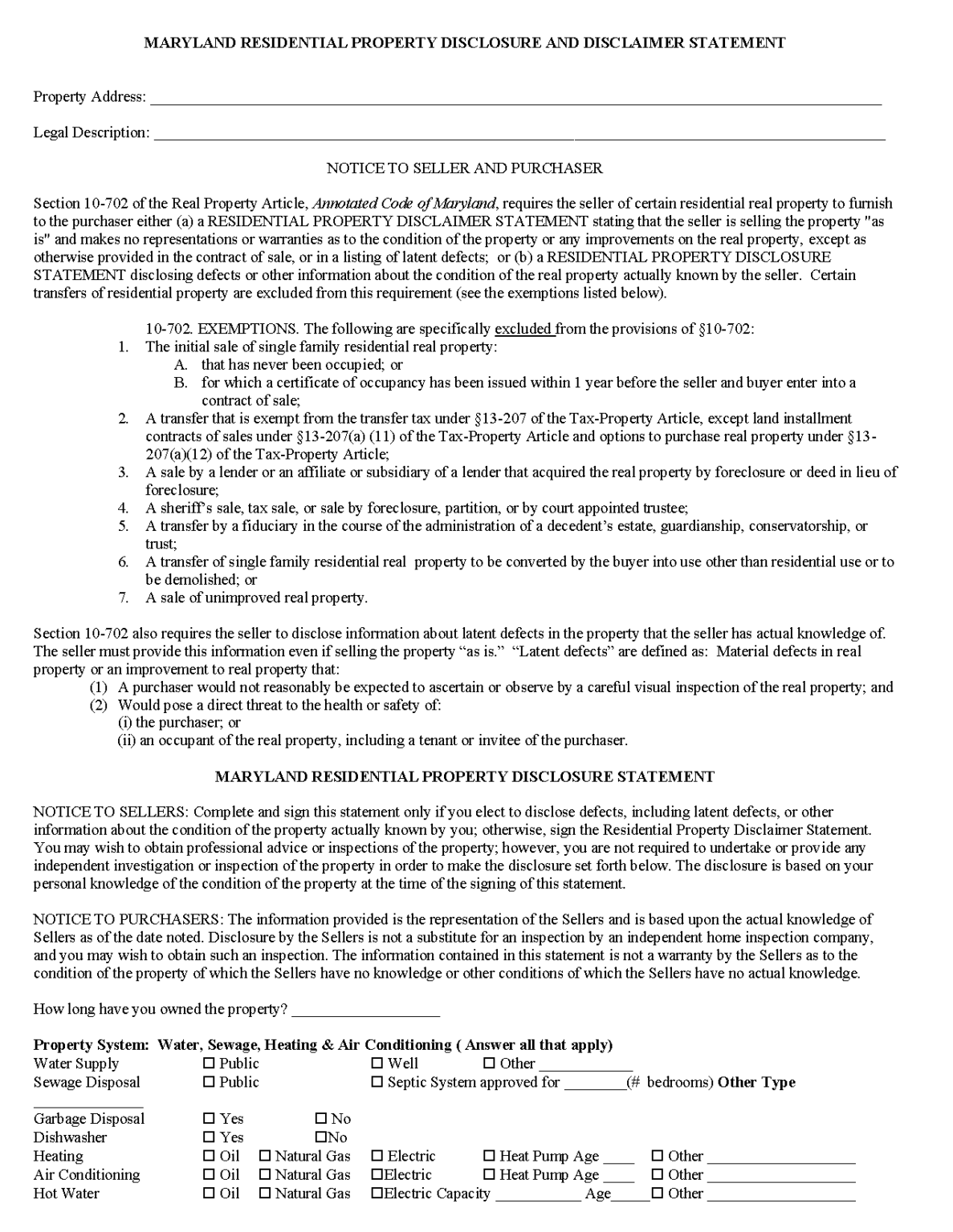 Free Maryland Residential Purchase and Sale Agreement PDF Word