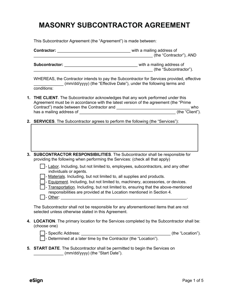 Free Masonry Subcontractor Agreement | PDF | Word