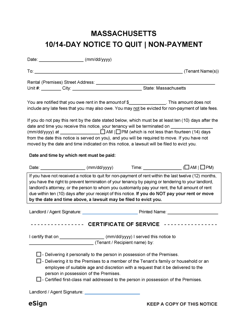 Free Massachusetts 14-Day Notice to Quit | Non-Payment | PDF | Word