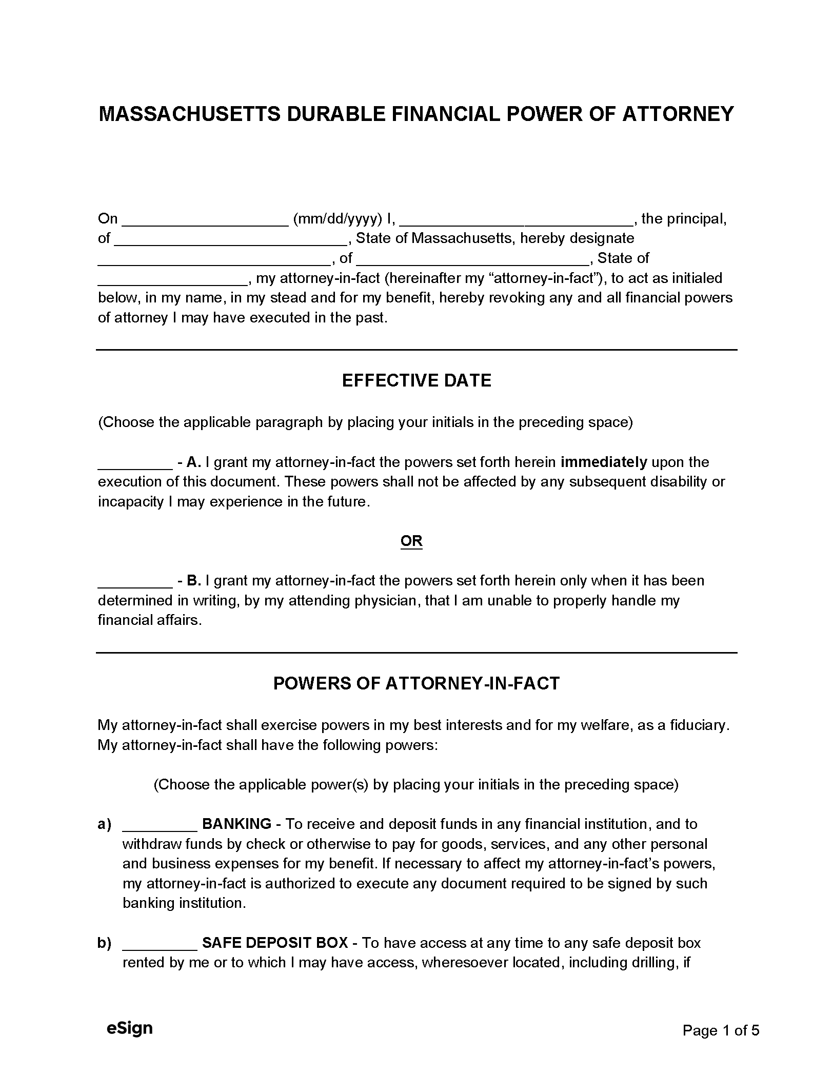 Free Massachusetts Durable Power of Attorney Form PDF Word