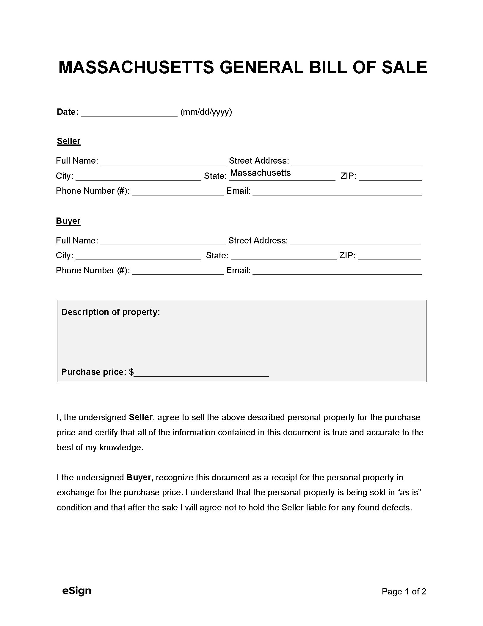 Free Massachusetts General Bill Of Sale Form PDF Word