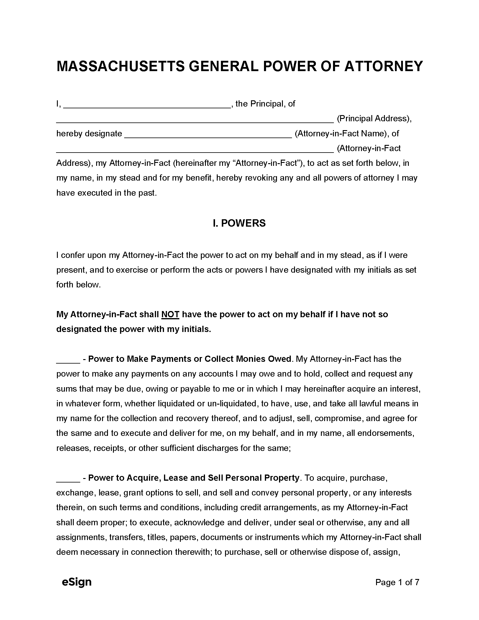 Free Massachusetts General Power Of Attorney Form PDF Word