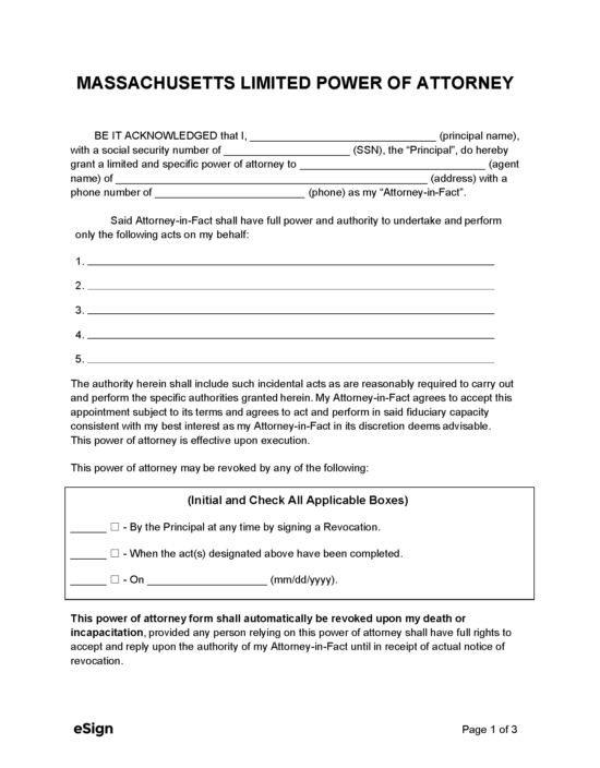 Free Massachusetts Limited Power Of Attorney Form | PDF | Word