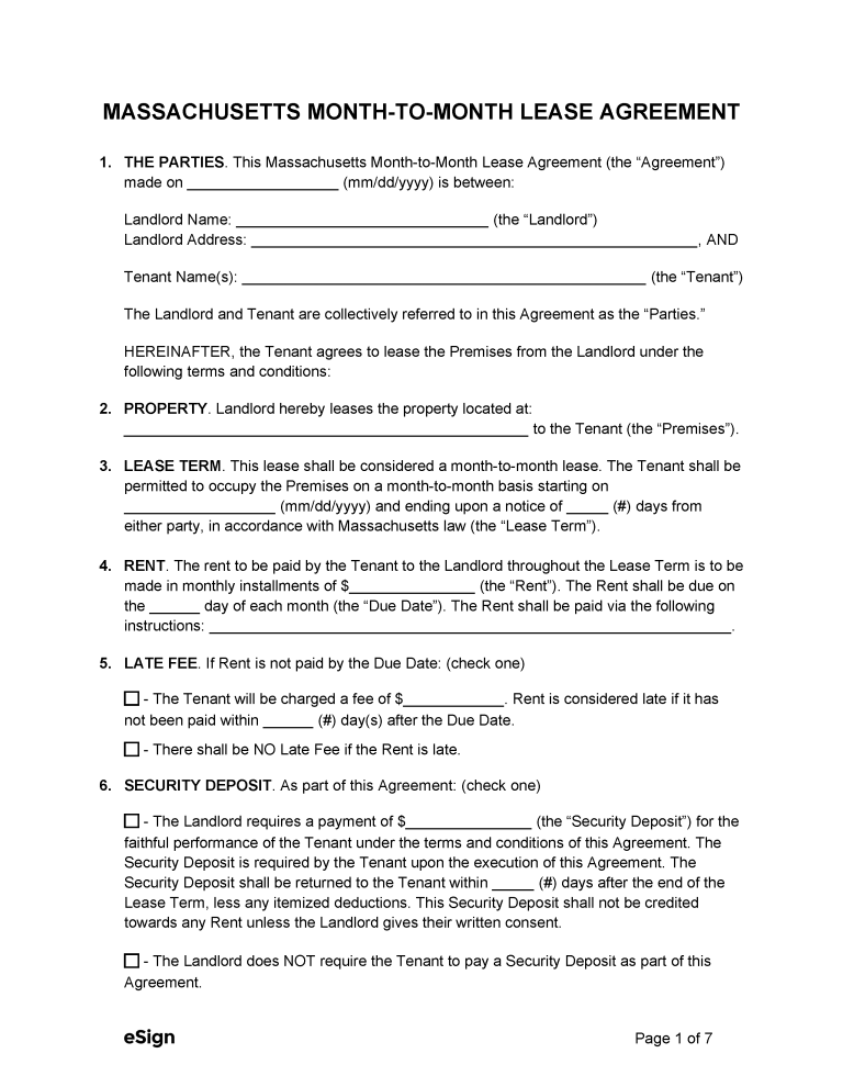 Free Massachusetts MonthtoMonth Lease Agreement PDF Word