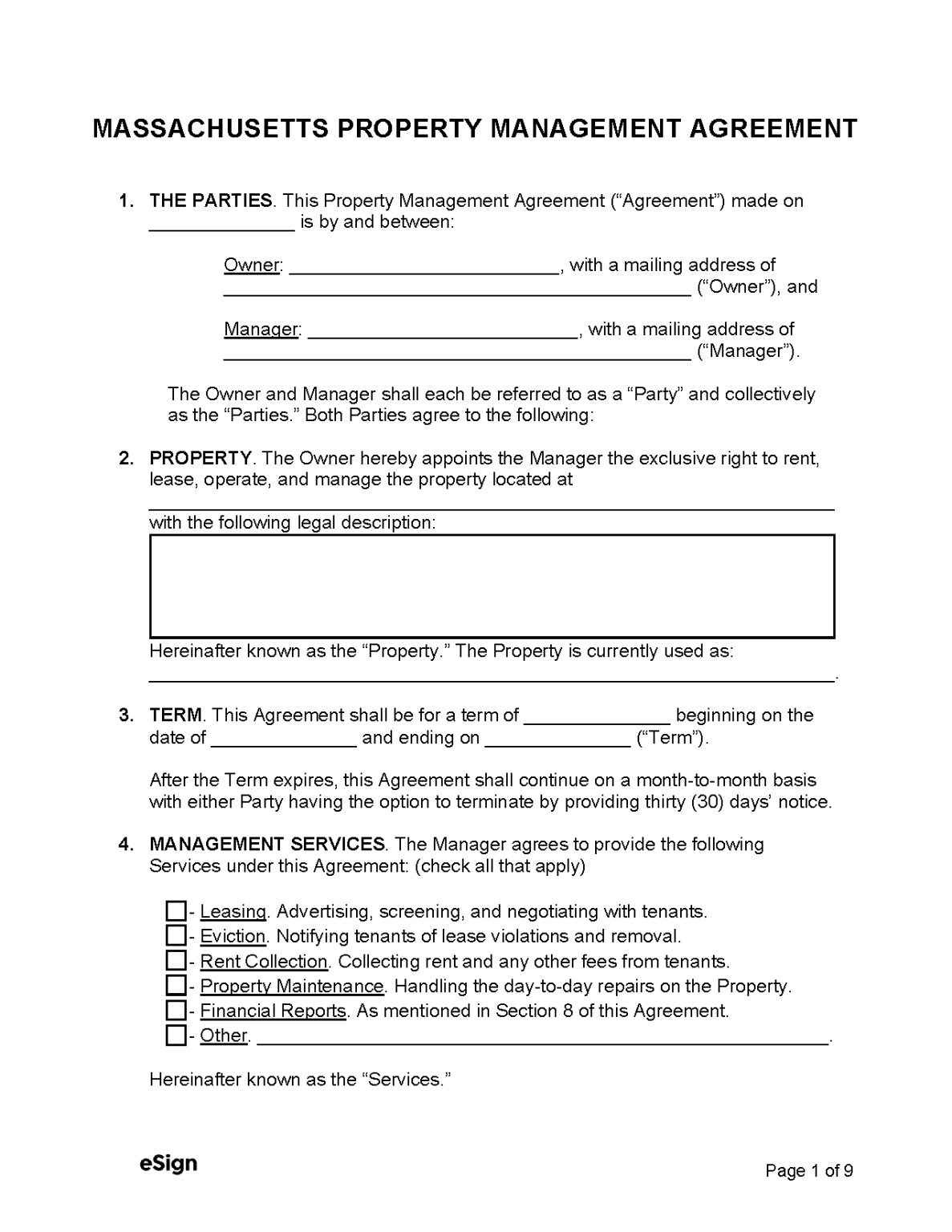 Free Massachusetts Property Management Agreement PDF Word