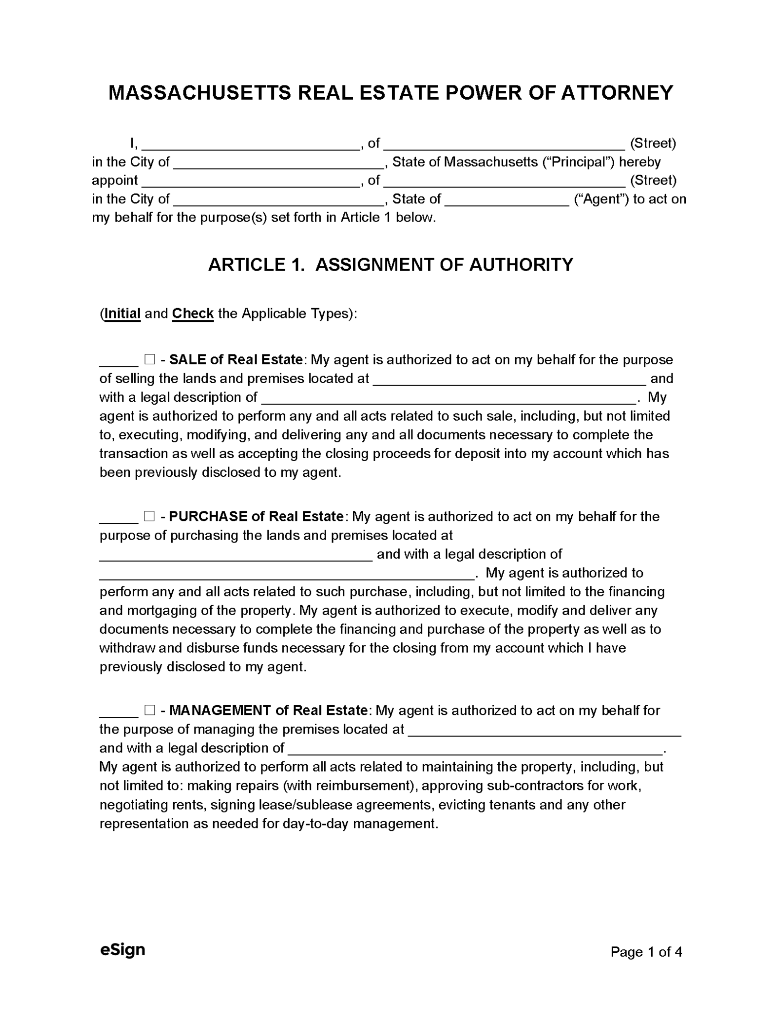 Free Massachusetts Real Estate Power Of Attorney Form Pdf Word 8711