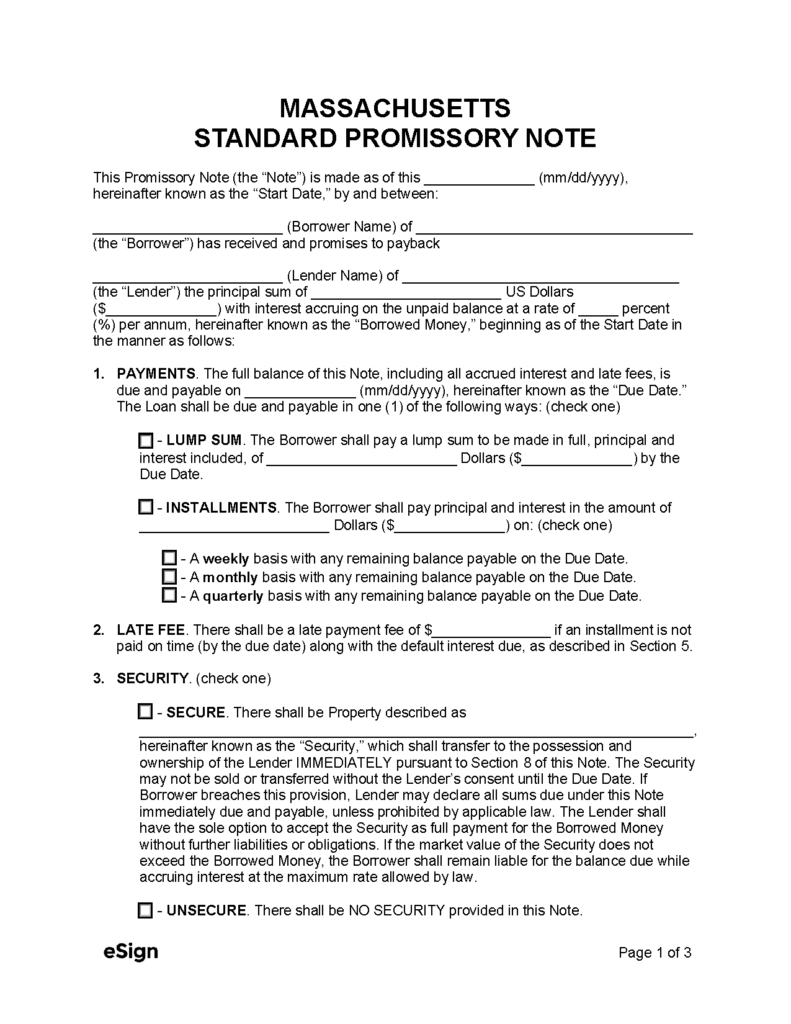 Free Massachusetts Promissory Note Template | PDF | Word