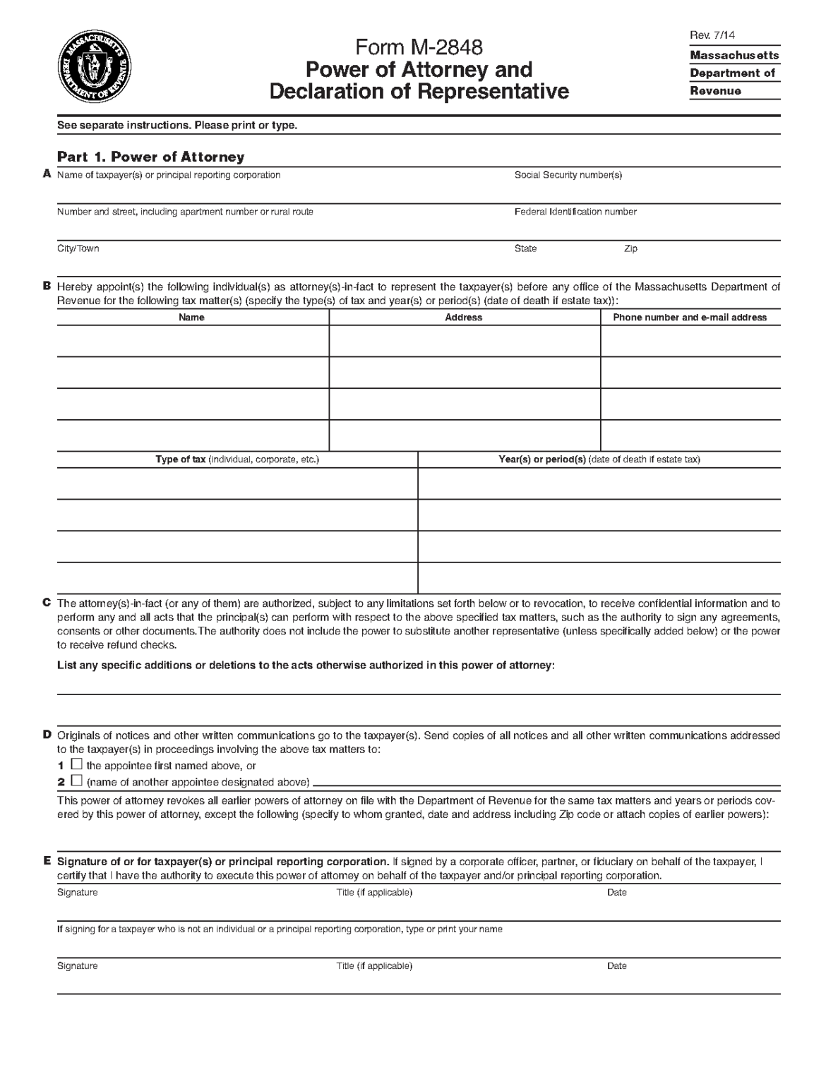 Free massachussetts tax power of attorney form m 2848 pdf
