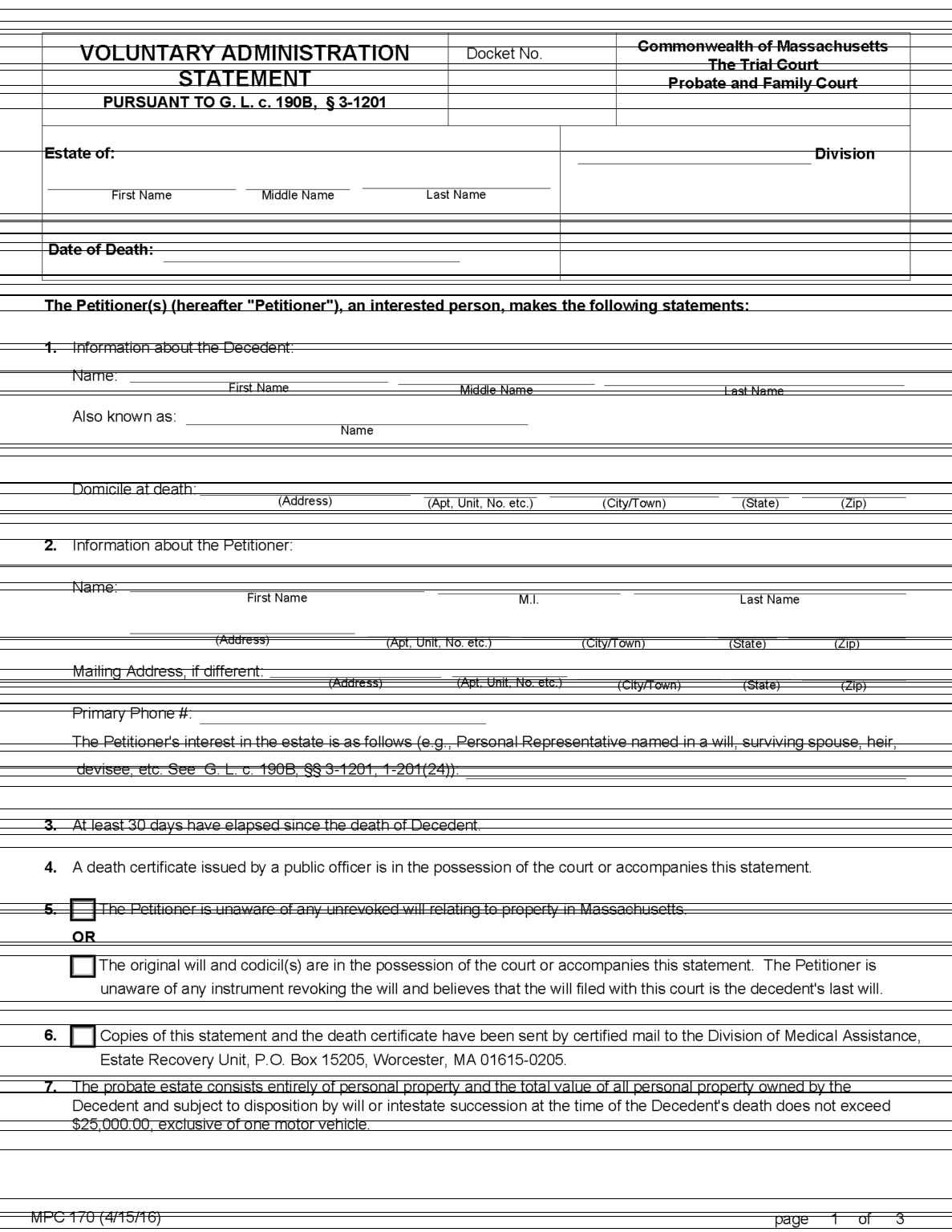 Free Massachusetts Small Estate Affidavit Form PDF
