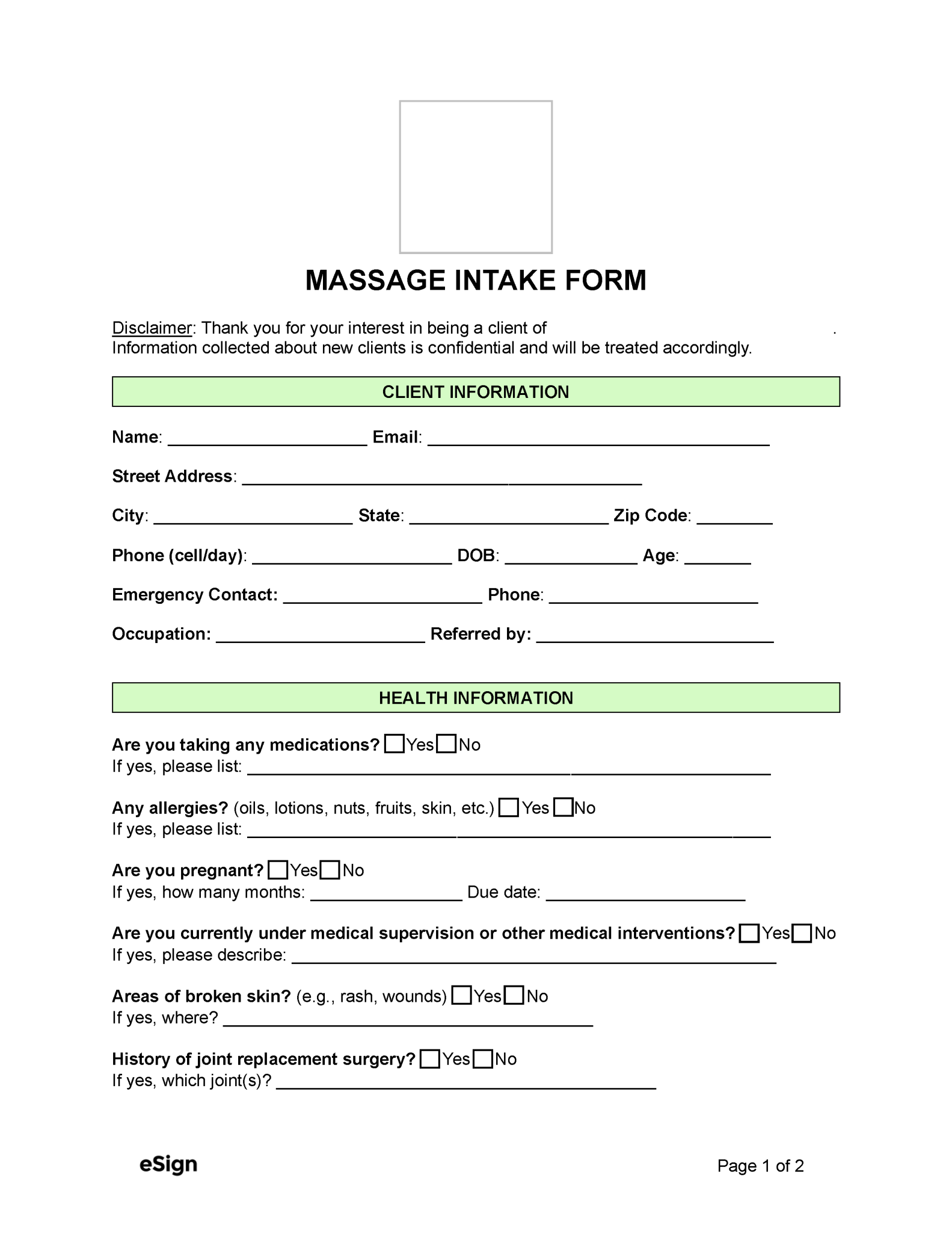 Free Massage Intake Form | PDF | Word