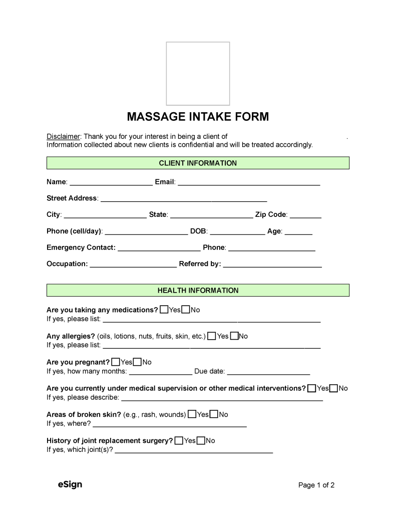 Free Massage Intake Form Pdf Word 