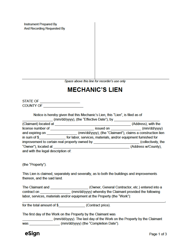 Free Mechanic s Lien Form PDF Word