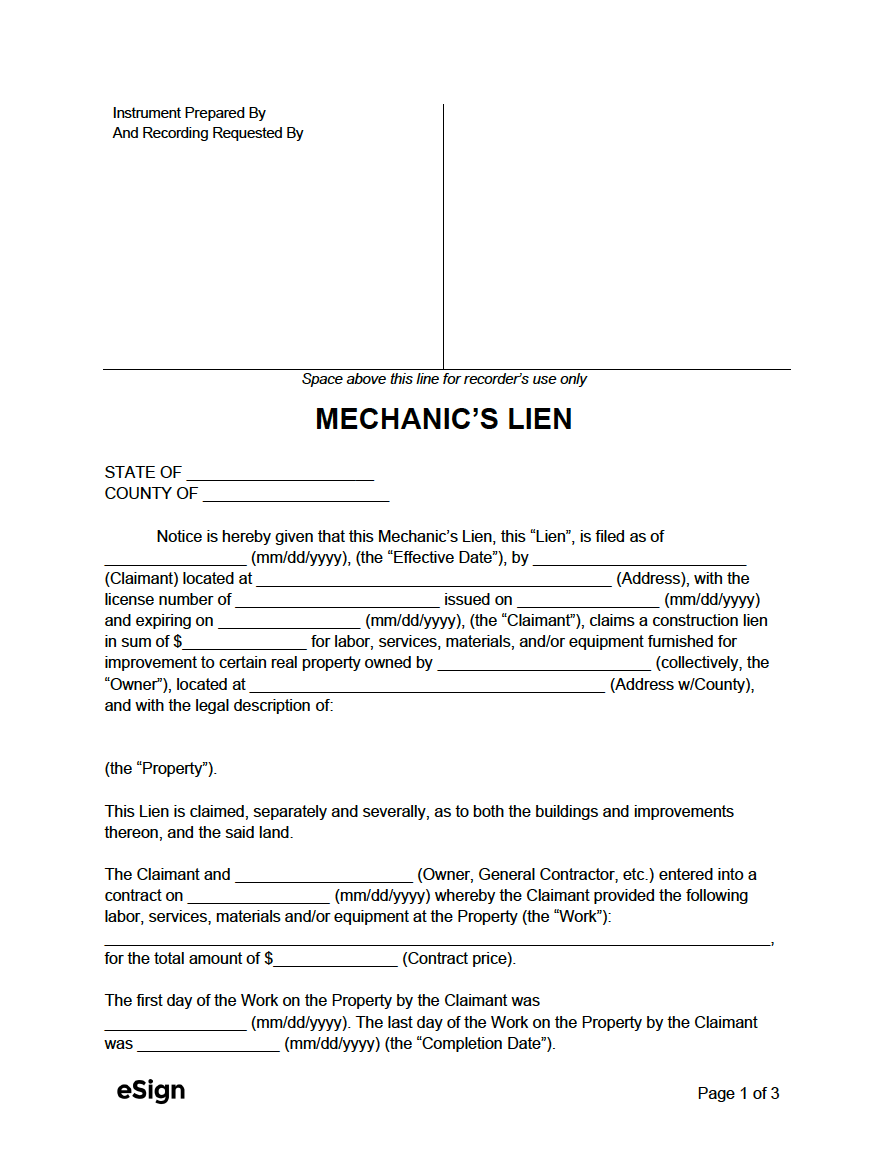 Free Mechanic's Lien Form PDF Word