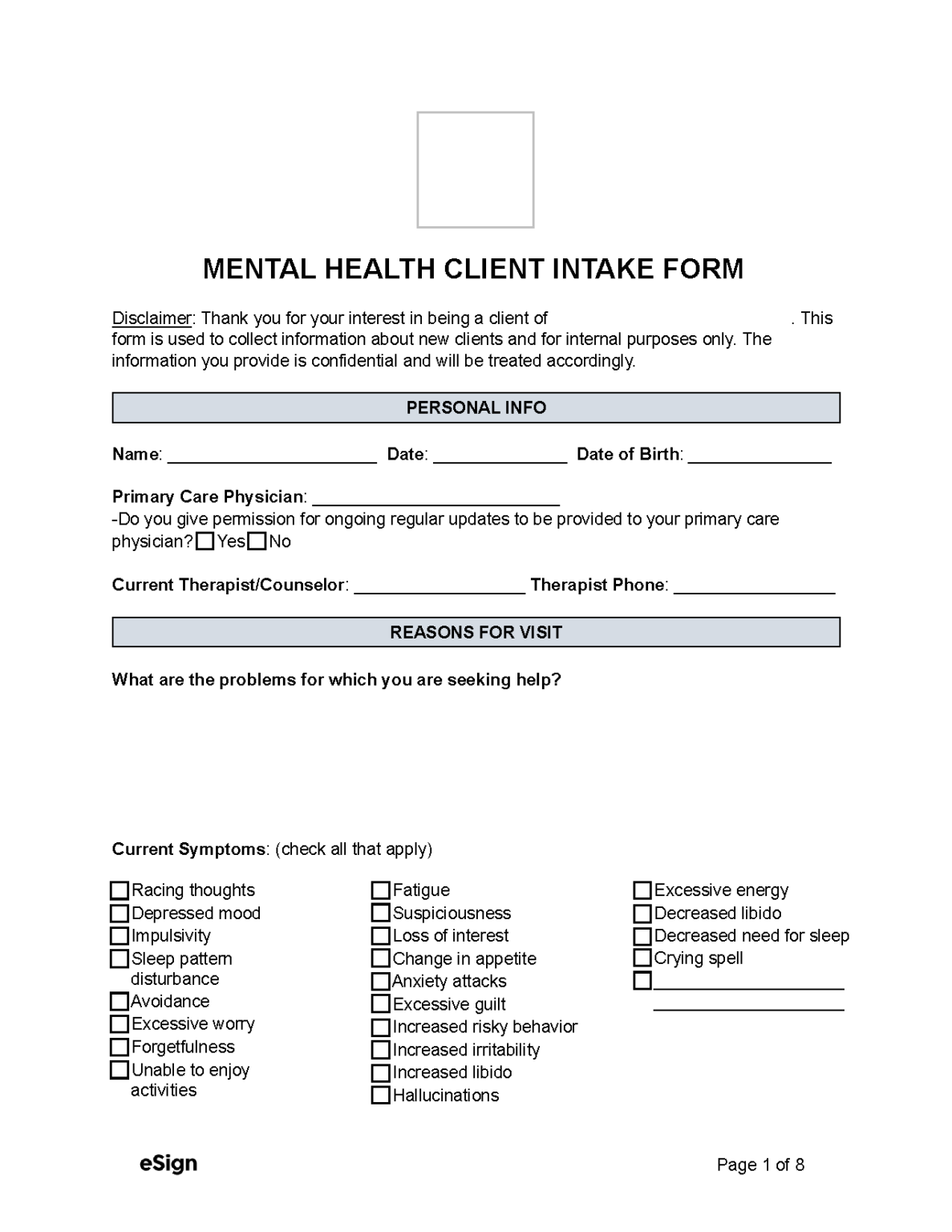 Free Mental Health Intake Form | PDF | Word