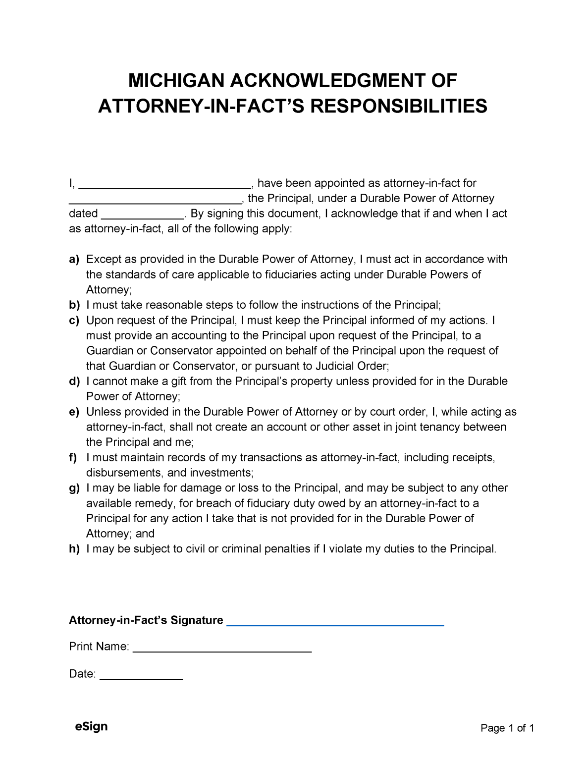 Free michigan durable power of attorney form pdf