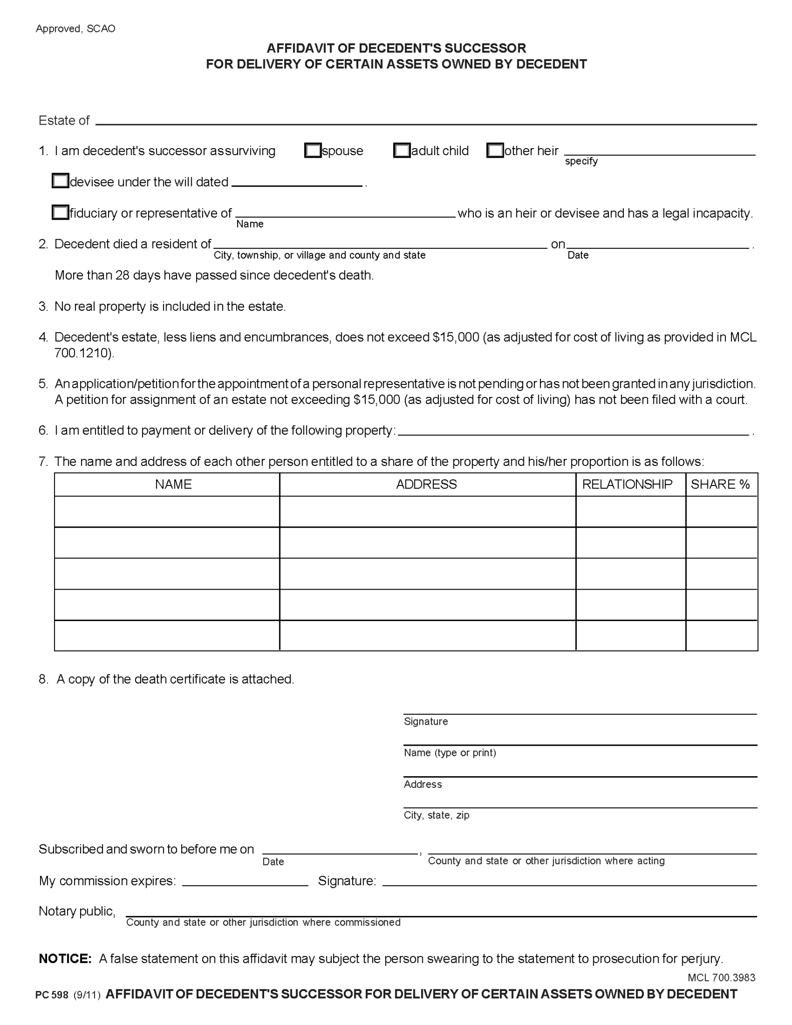 Free Michigan Small Estate Affidavit Form | PDF