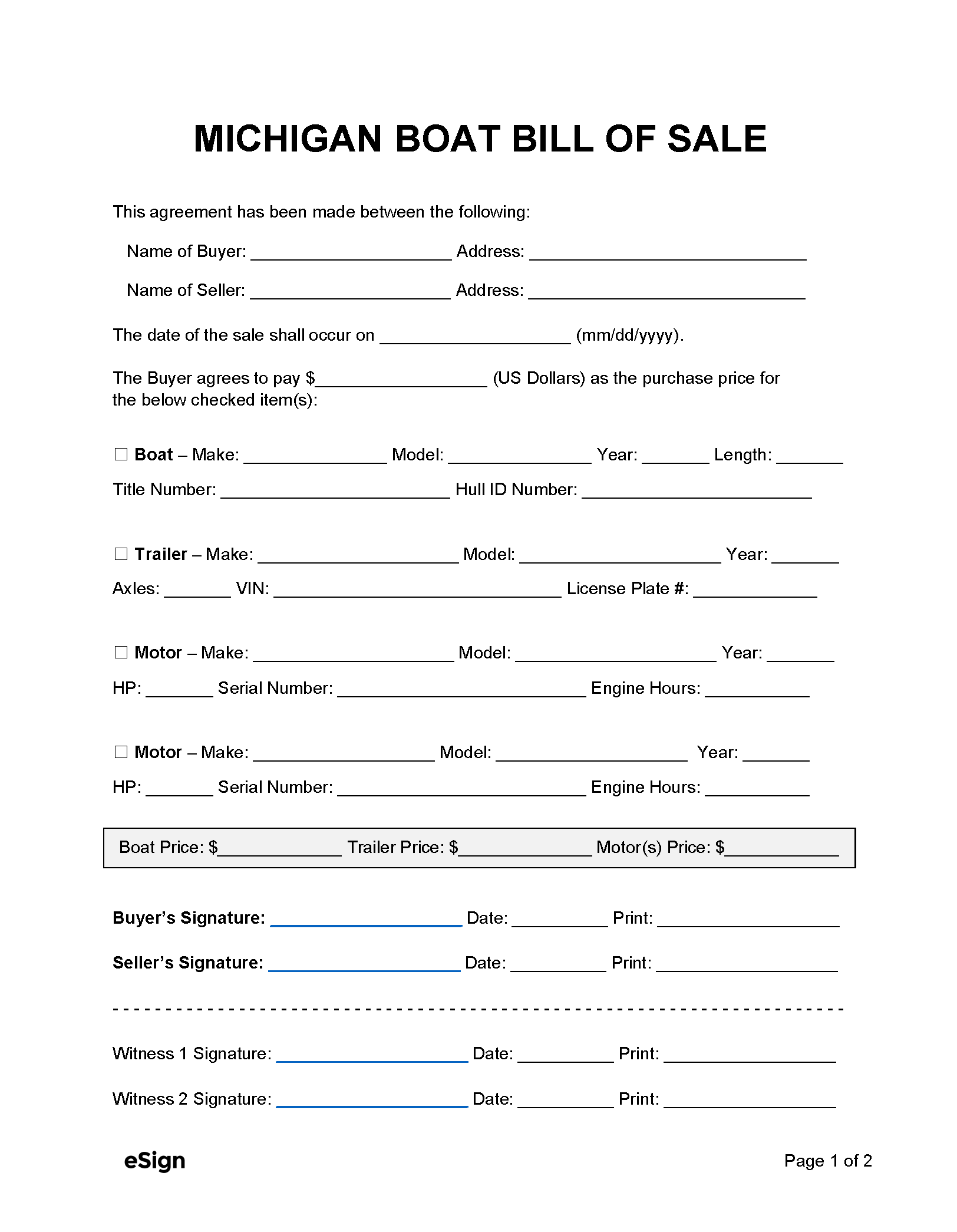 Free Michigan Boat Bill of Sale Form PDF Word