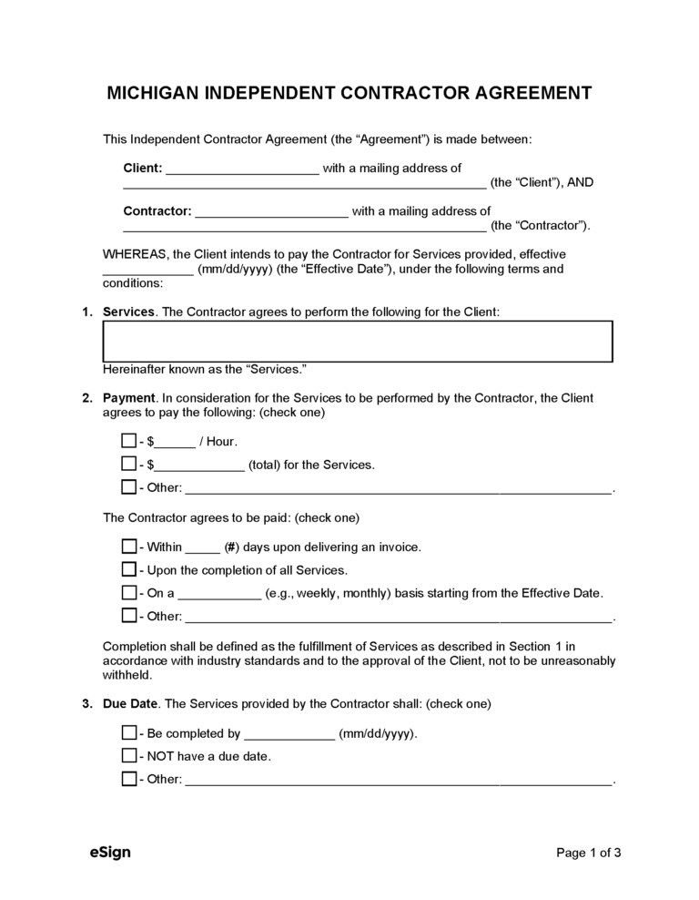Free Michigan Independent Contractor Agreement PDF Word