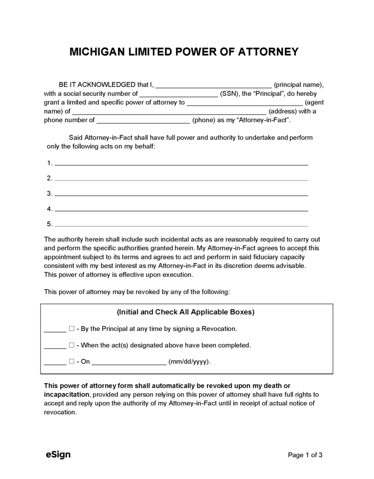 Free Michigan Limited Power of Attorney Form PDF Word