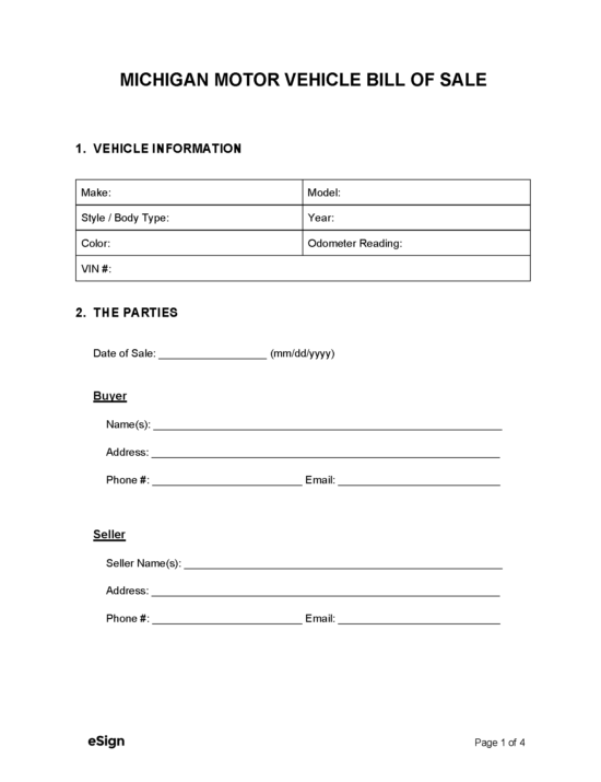 free michigan motor vehicle bill of sale form pdf word