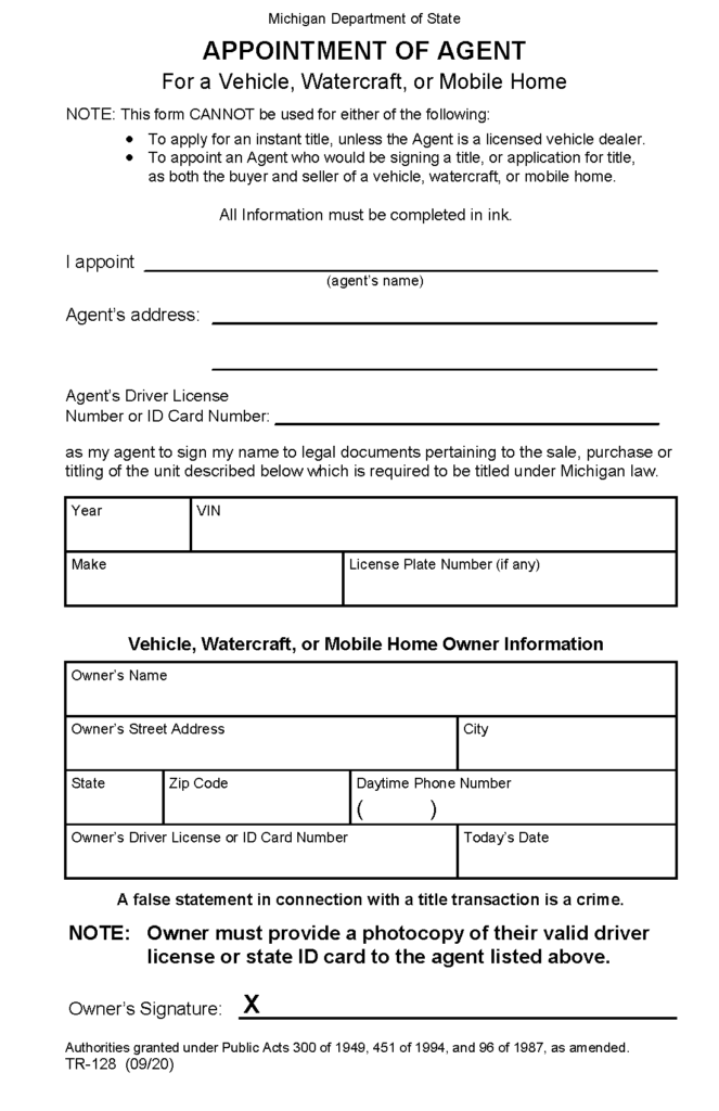 Free Michigan Motor Vehicle Power Of Attorney (Form TR-128) | PDF