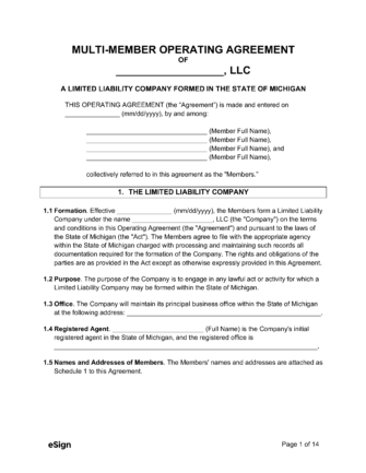 michigan multi member llc operating agreement