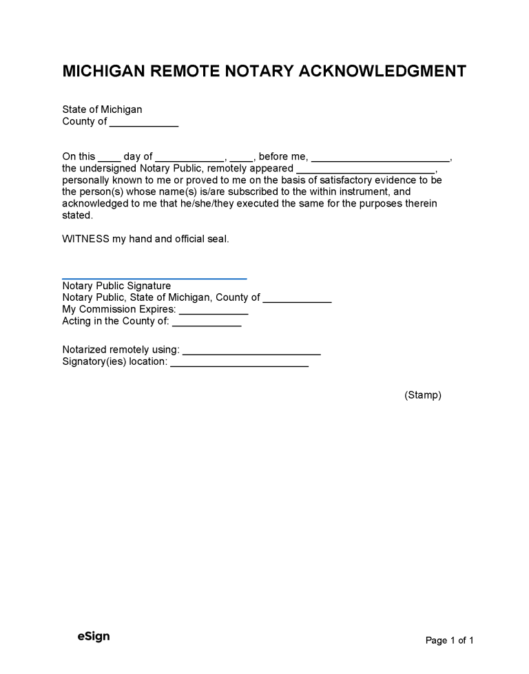 Free Michigan Notary Acknowledgment Form PDF Word