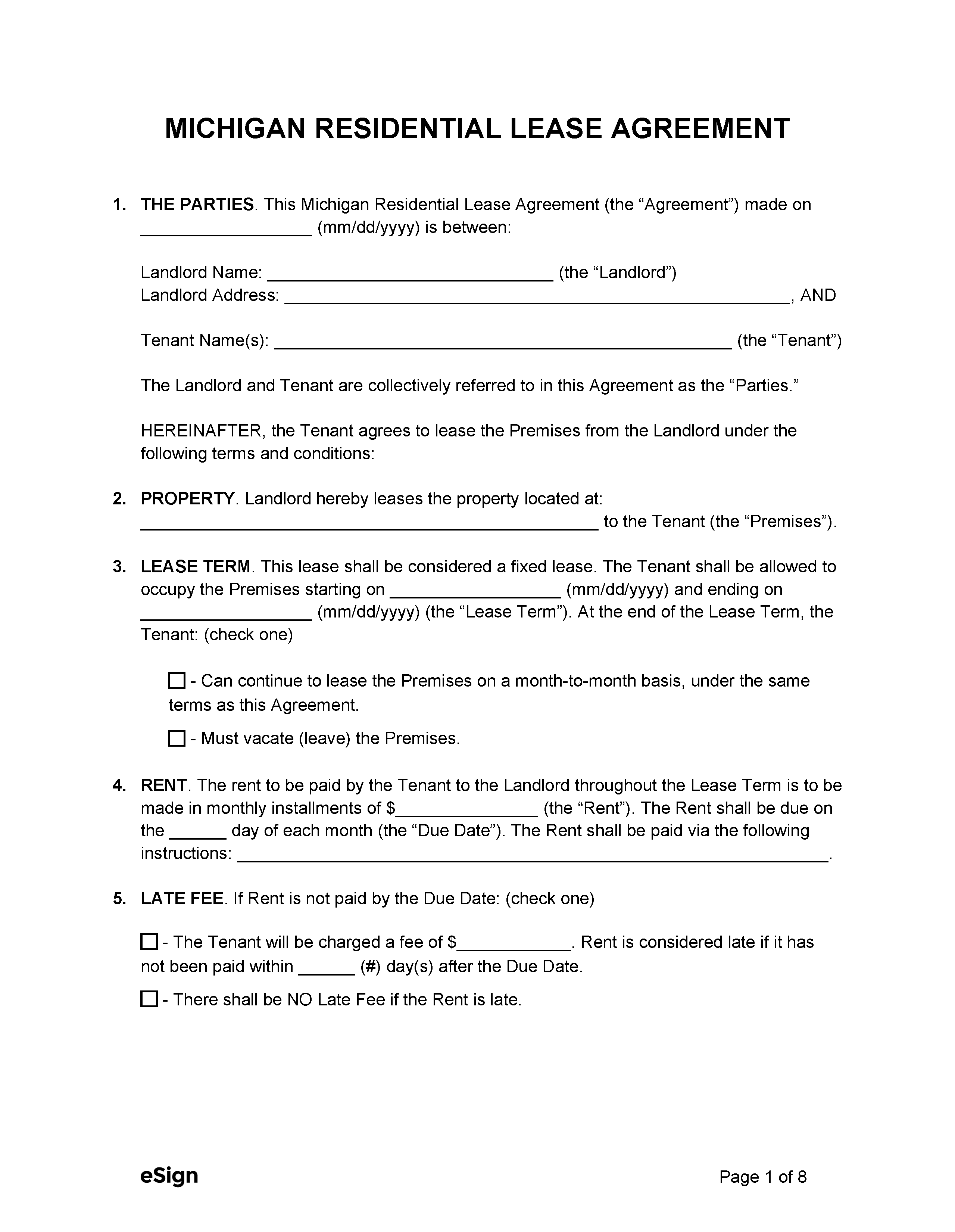 Free Michigan Standard Residential Lease Agreement Template PDF