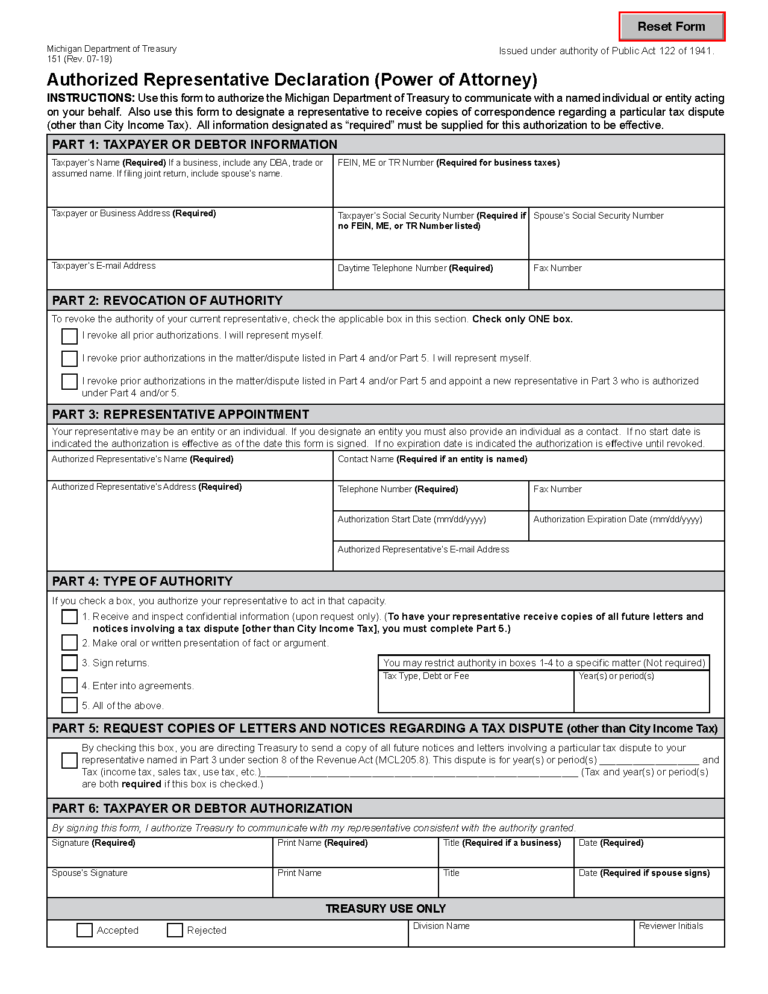 Free Michigan Tax Power of Attorney (Form 151) | PDF