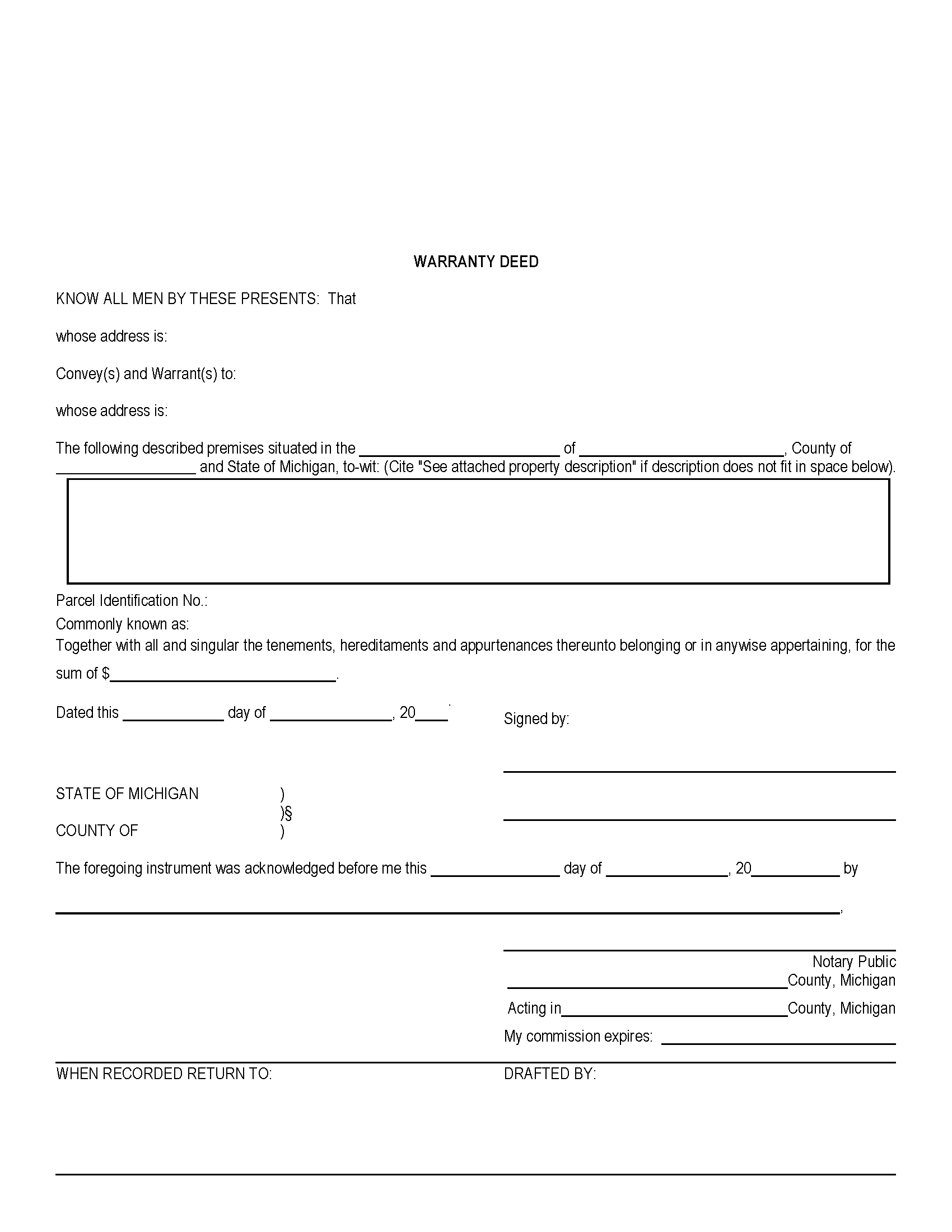 Free Michigan General Warranty Deed Form PDF