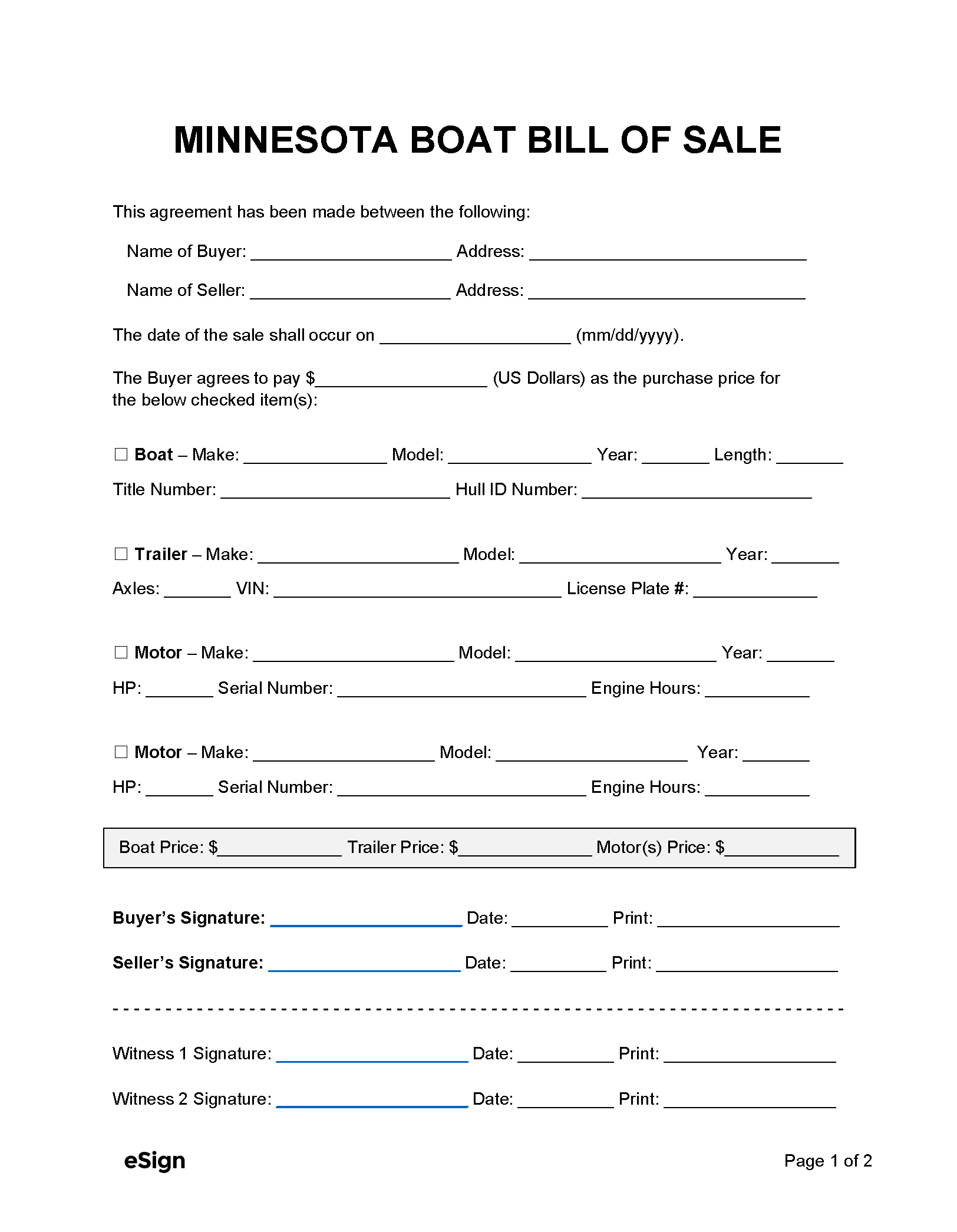 Free Minnesota Boat Bill of Sale Form PDF Word